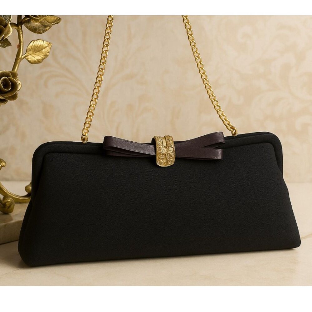 Black Evening Bag Vintage Clutch Purse Gold Chain Ornate Clasp